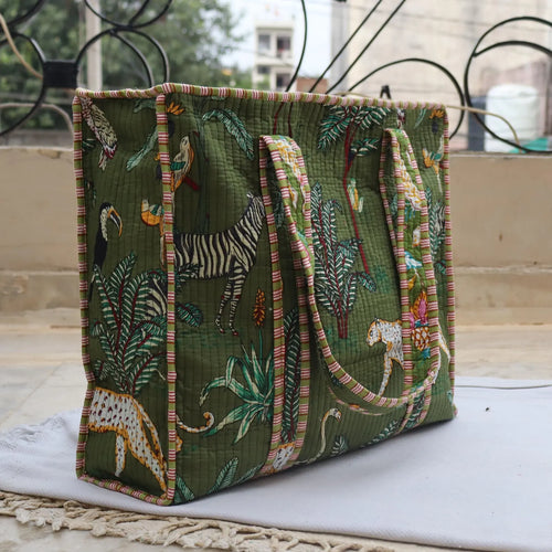 Handmade Jungle Print Quilted Cotton Tote Bag