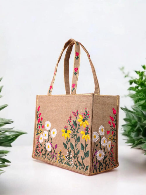Embroidered Floral Jute Tote Bag